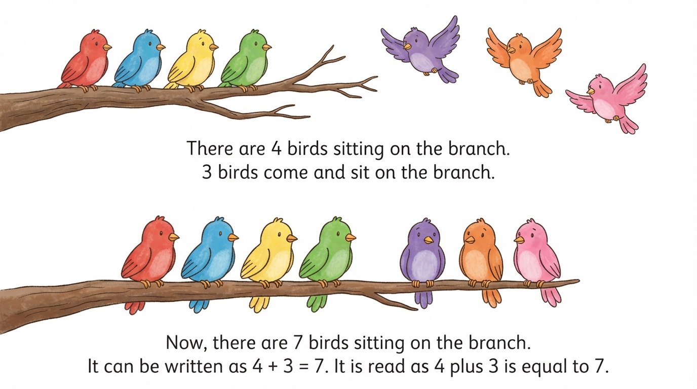 4 birds sitting on a branch, 3 more birds flying in to join them, showing 4 plus 3 equals 7