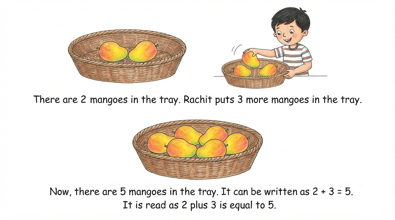 2 mangoes in a tray, 3 more mangoes being added, showing 2 plus 3 equals 5