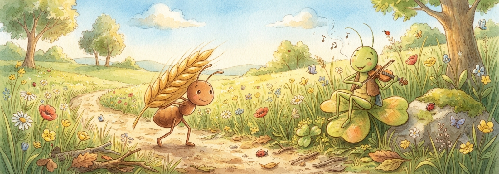 Ant carrying food while the grasshopper plays music nearby