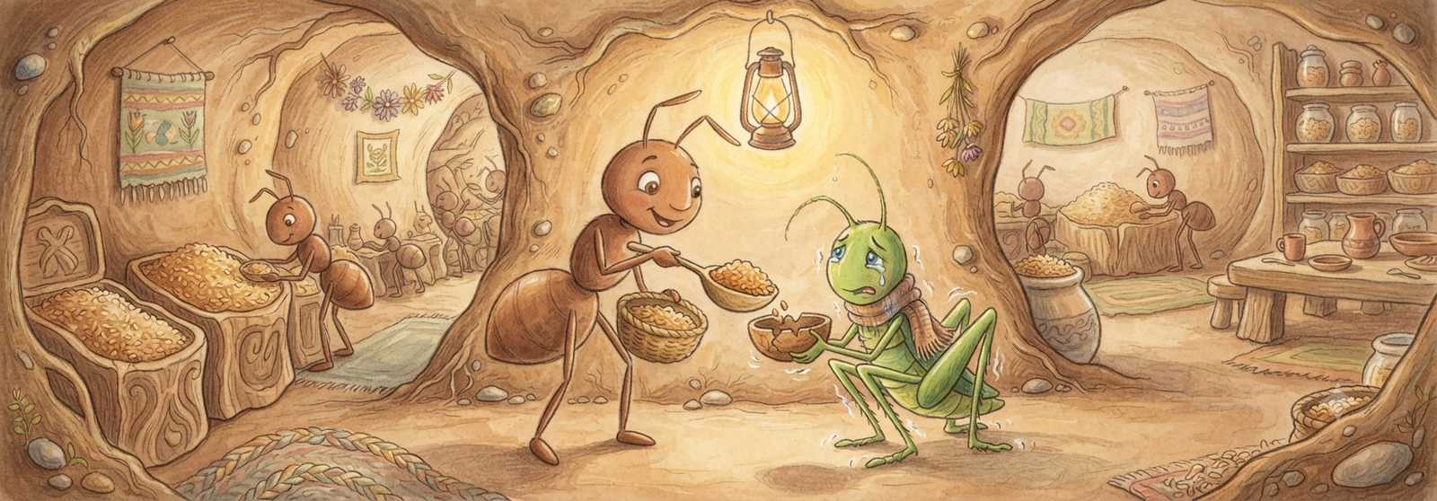 Ant sharing food with the grasshopper inside a cozy nest