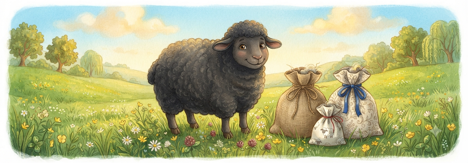 A friendly black sheep standing in a green field, wool bags nearby