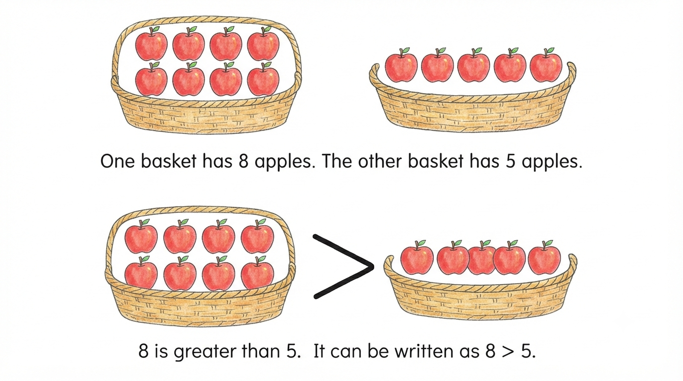 8 apples compared with 5 apples, showing 8 is greater than 5