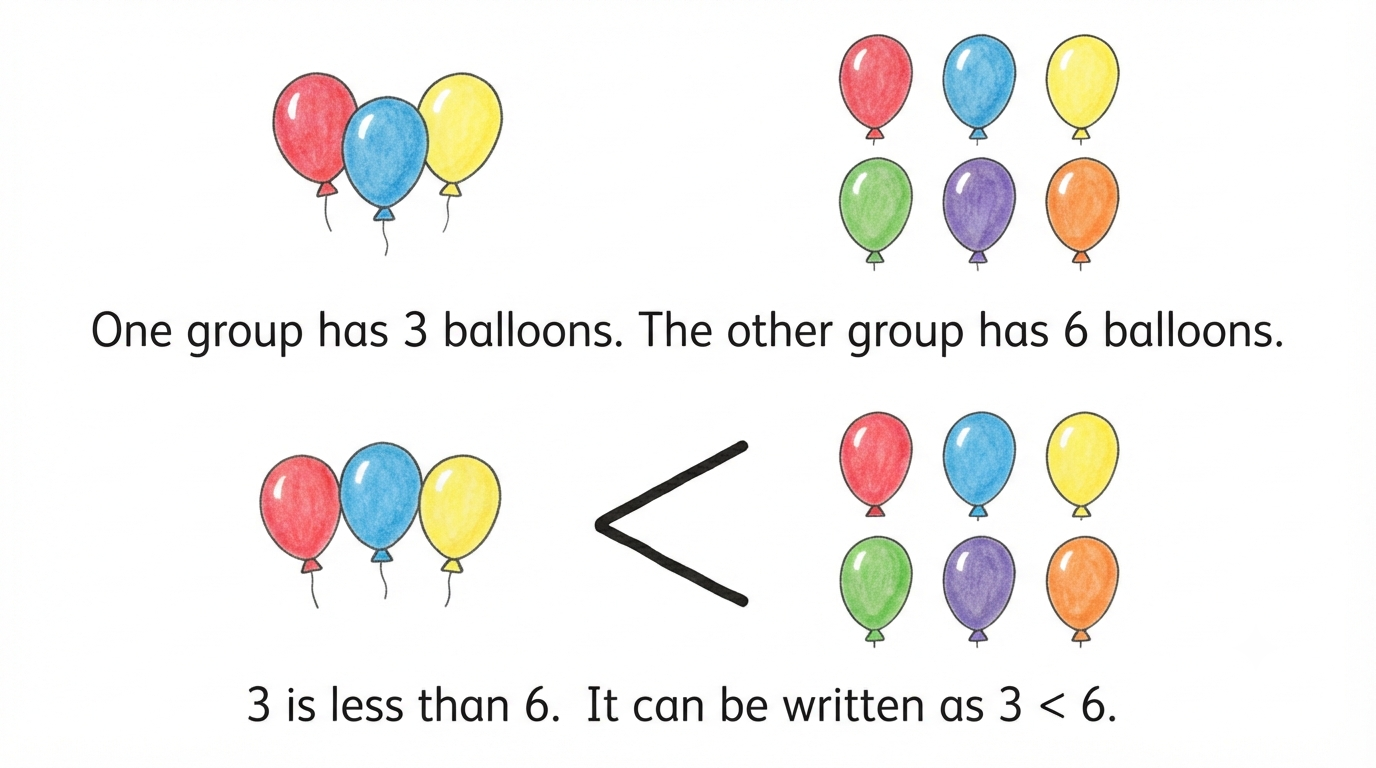3 balloons compared with 6 balloons, showing 3 is less than 6