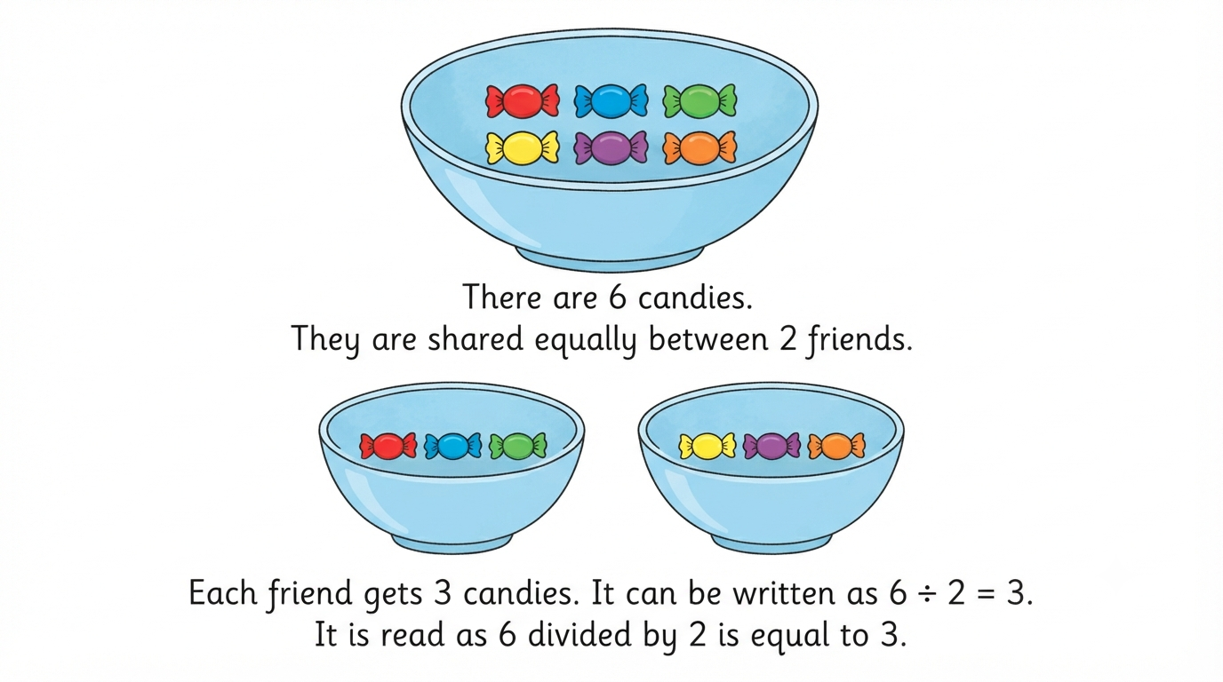 6 candies shared equally into 2 bowls of 3 candies each, showing 6 divided by 2 equals 3