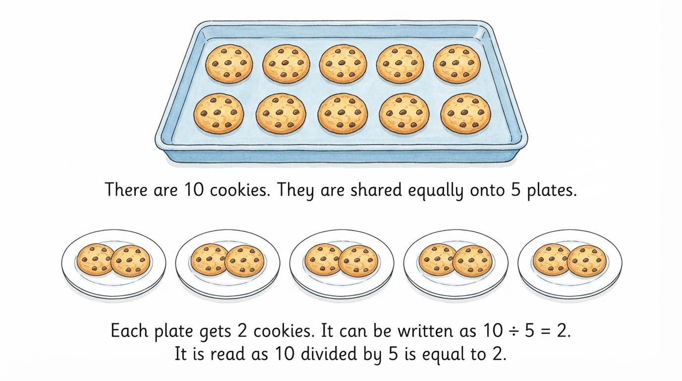 10 cookies shared equally onto 5 plates of 2 cookies each, showing 10 divided by 5 equals 2