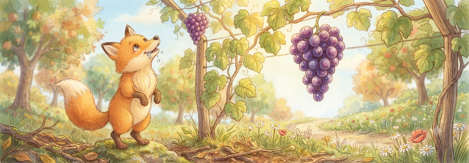 Fox looking up at grapes hanging high on a vine