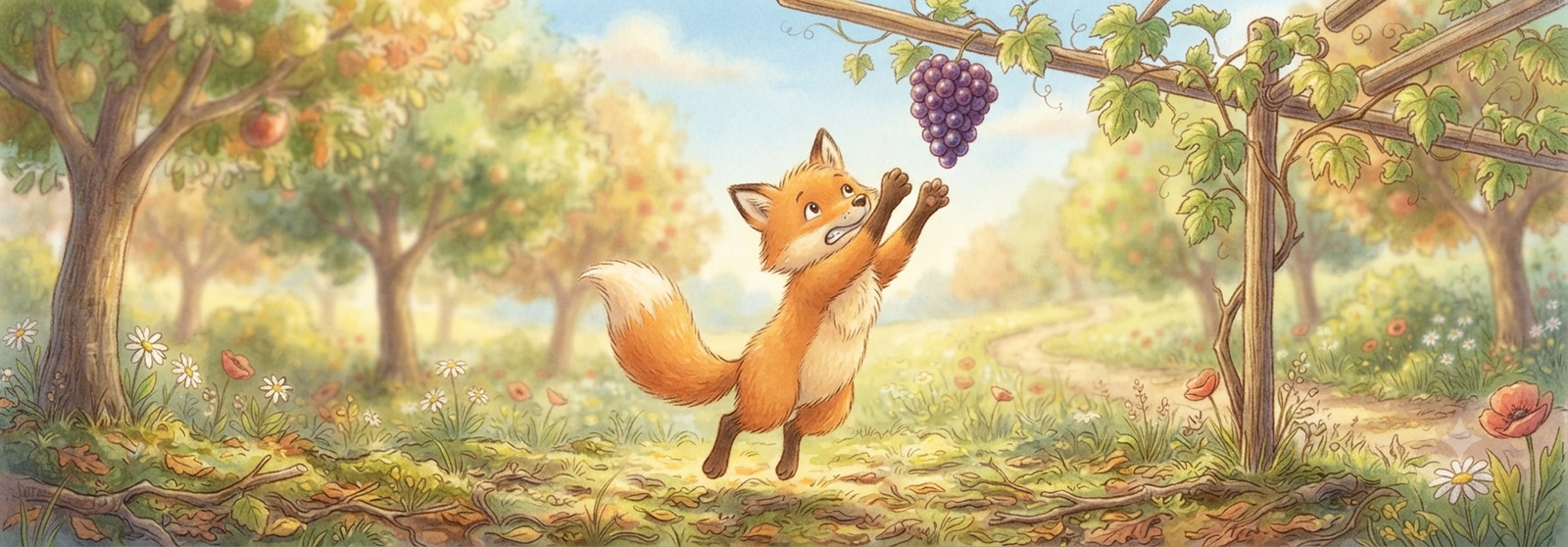 Fox jumping unsuccessfully toward the grapes