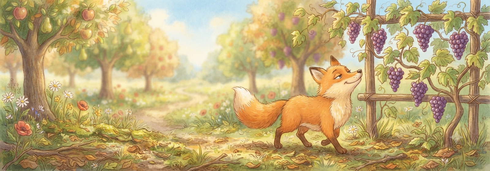 Fox walking away, glancing back dismissively at the grapes