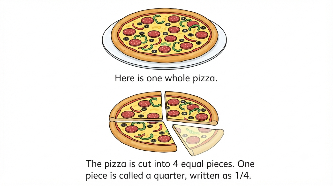 A whole pizza cut into 4 equal quarters, showing the fraction one quarter