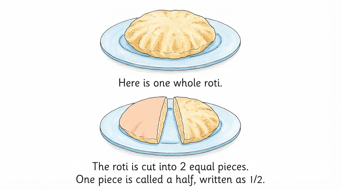 A whole roti cut into 2 equal halves, showing the fraction one half