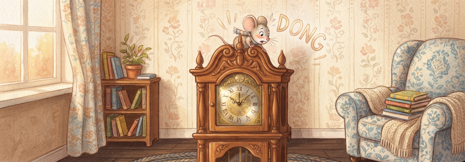 A tiny mouse running up a big wooden grandfather clock