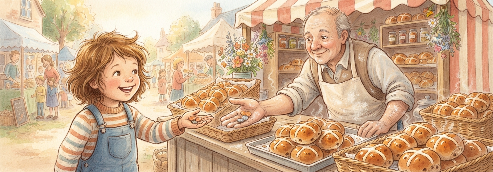 A friendly baker holding a tray of warm buns marked with a cross