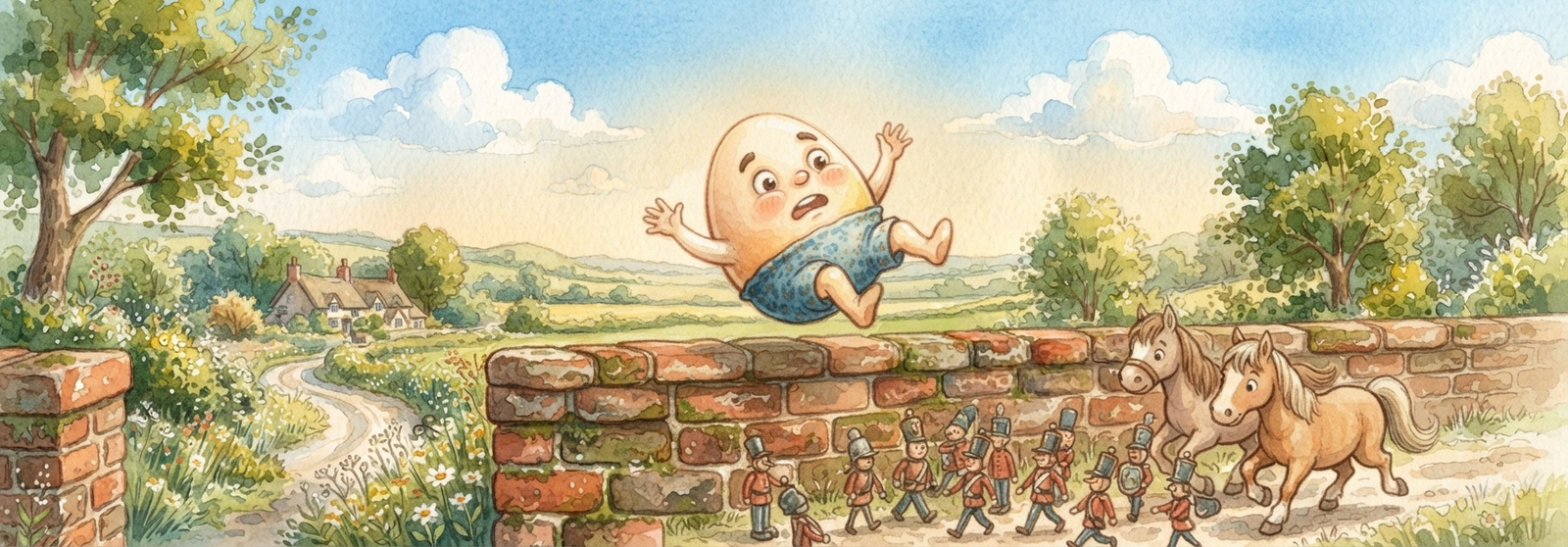 A cheerful round egg character sitting happily on top of a brick wall
