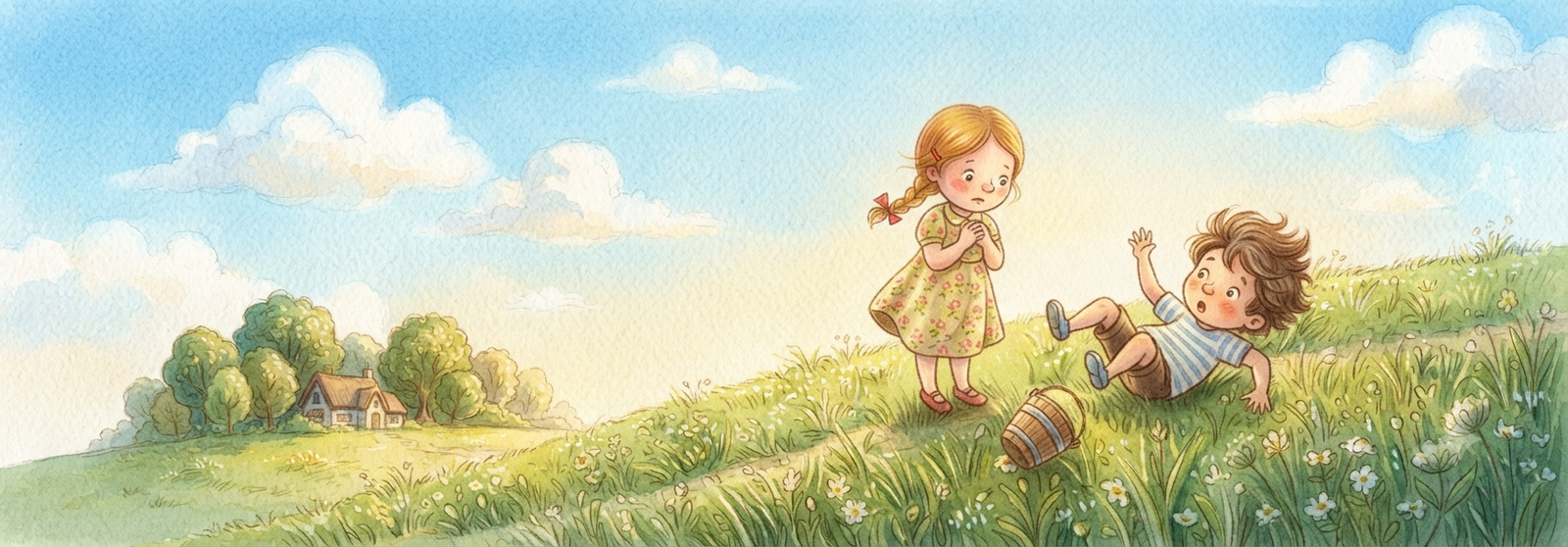 Two children climbing up a green hill together, carrying a bucket