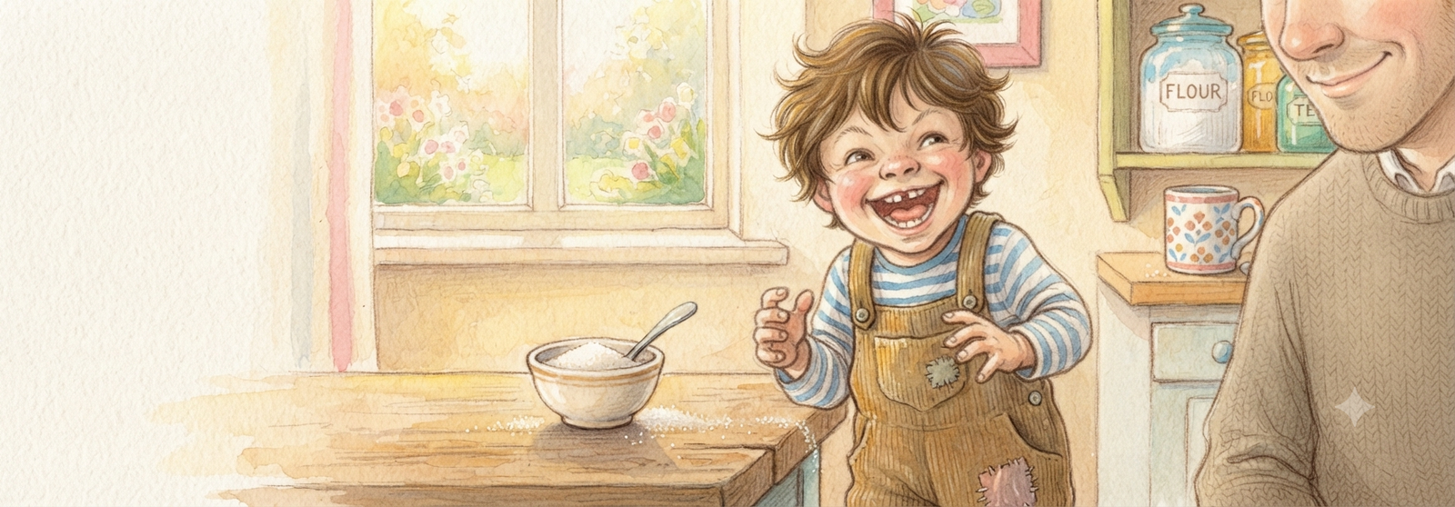A cheeky little boy with a guilty smile, a bowl of sugar nearby