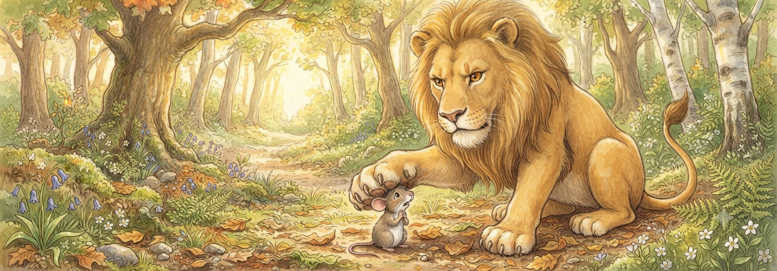 Lion holding the mouse under his paw, mouse pleading for its life