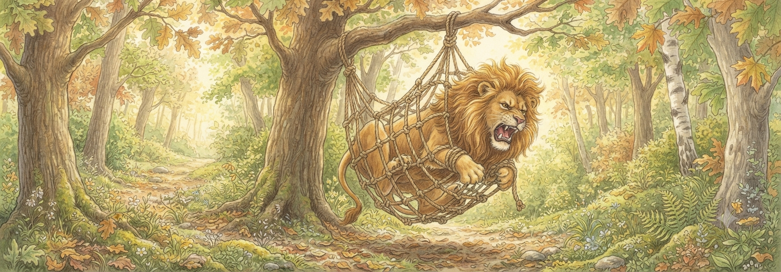 Lion trapped in a hunter's net, roaring for help