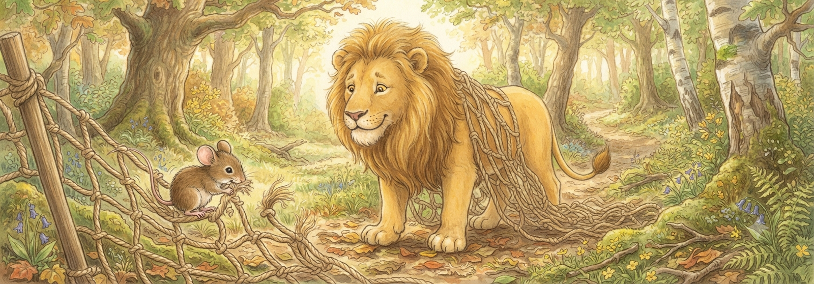 Mouse finishing gnawing the rope, lion standing free and grateful