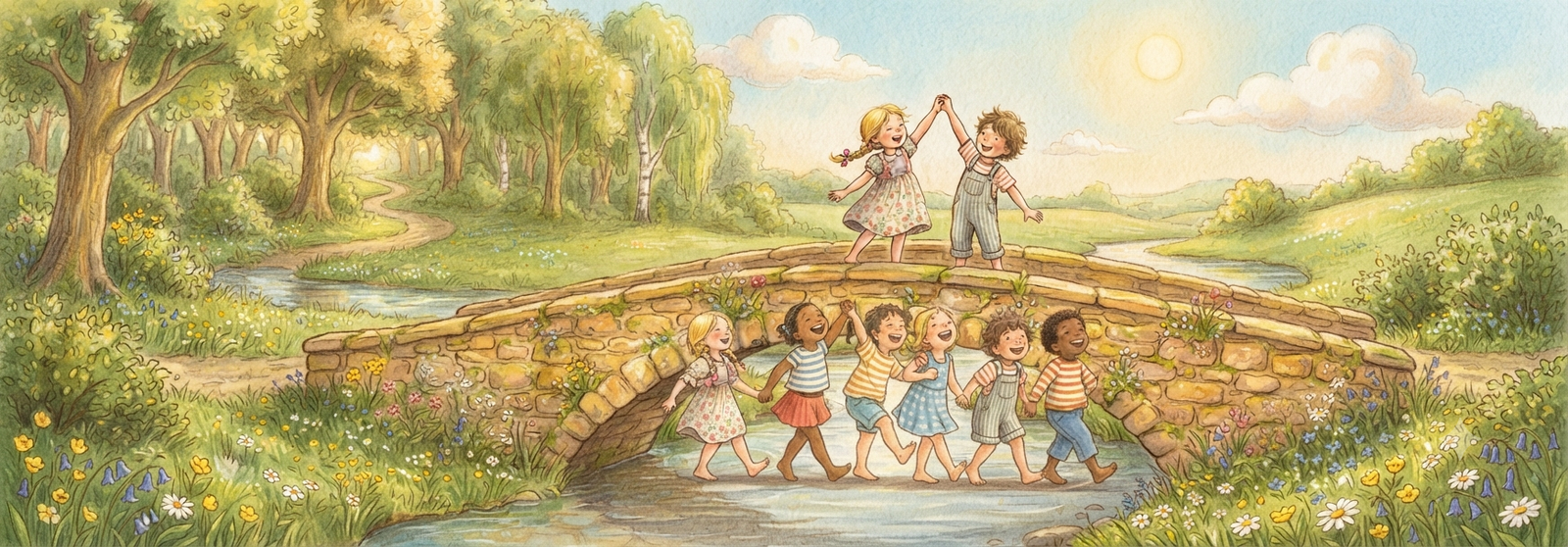 A charming old stone bridge over a river, with children playing nearby