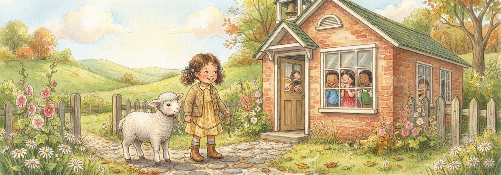 A young girl walking happily with a small white lamb following close behind
