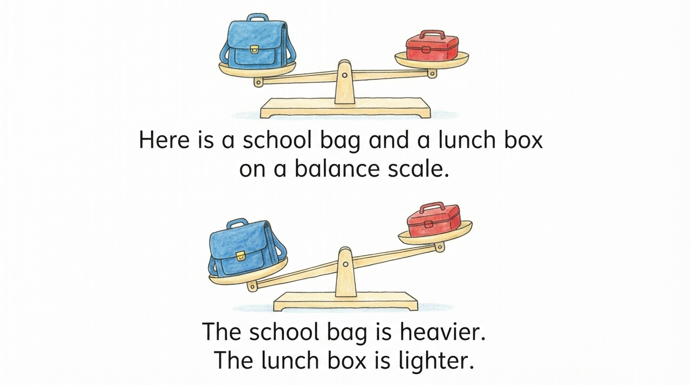 A balance scale comparing a school bag and lunch box, showing the bag is heavier