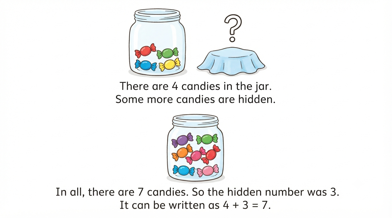 A jar with 4 visible candies and hidden candies revealed to be 3, showing 4 plus 3 equals 7