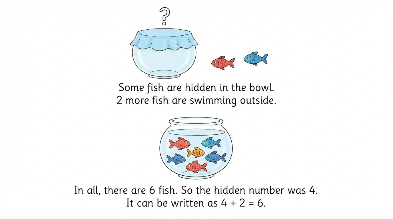 A fish bowl with hidden fish revealed to be 4 plus 2 visible fish, showing 4 plus 2 equals 6