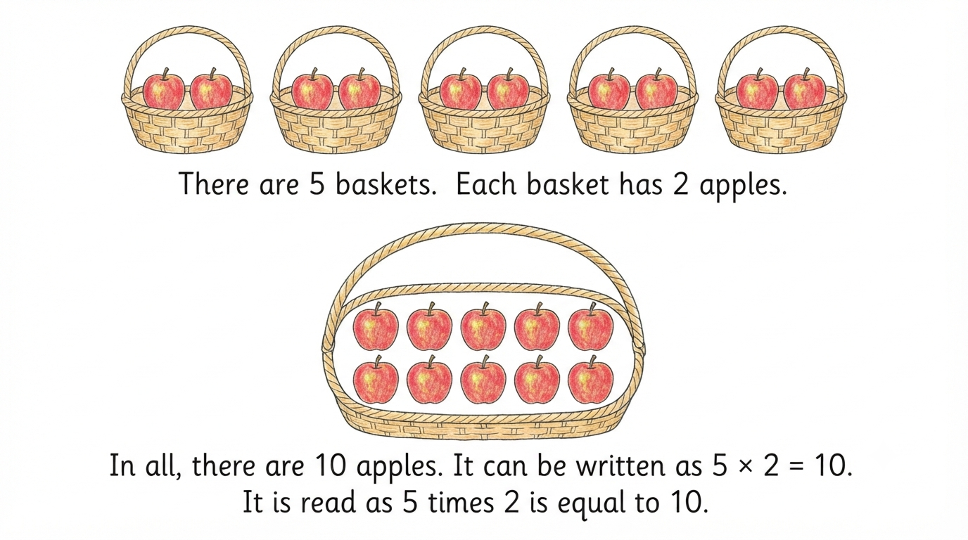 5 baskets each with 2 apples combined into one basket of 10 apples, showing 5 times 2 equals 10