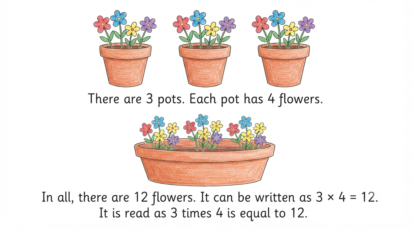 3 pots each with 4 flowers, showing 3 times 4 equals 12