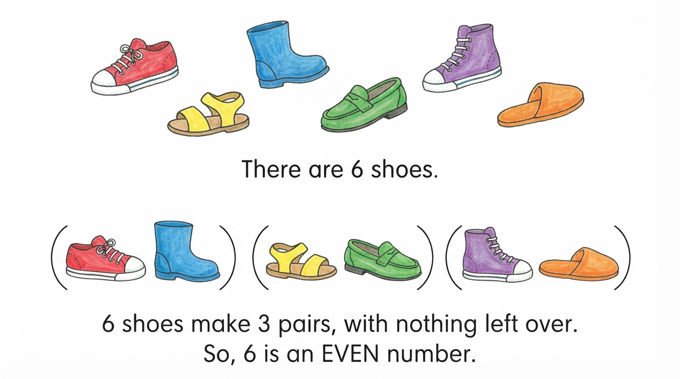 6 shoes forming 3 complete pairs with nothing left over, showing 6 is an even number