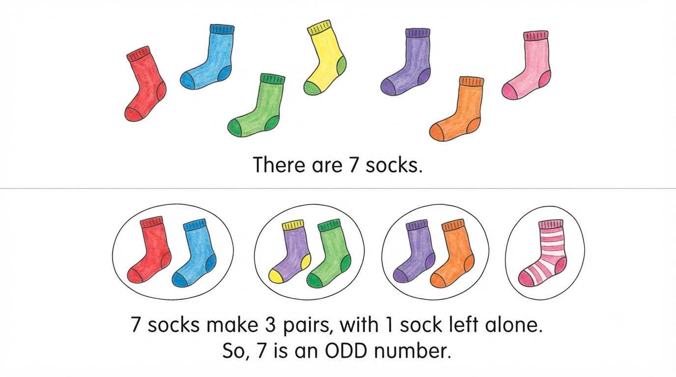 7 socks forming 3 pairs with 1 sock left alone, showing 7 is an odd number