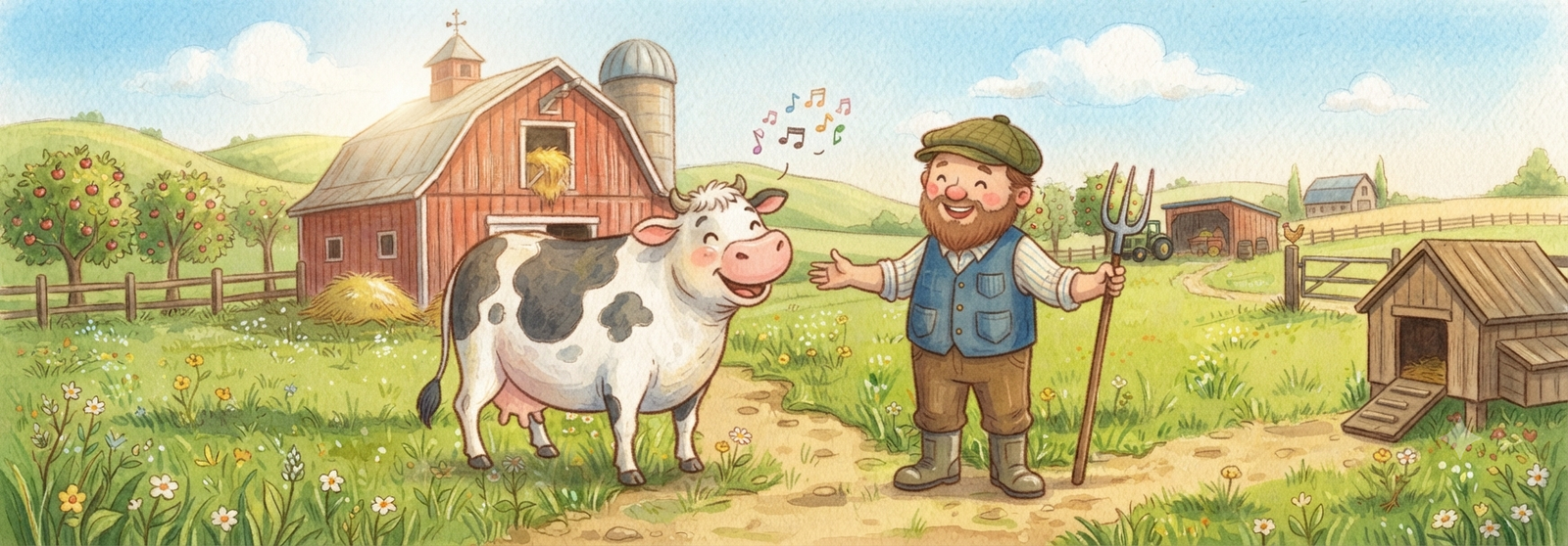 A friendly farmer waving beside a red barn, a cow and other animals nearby