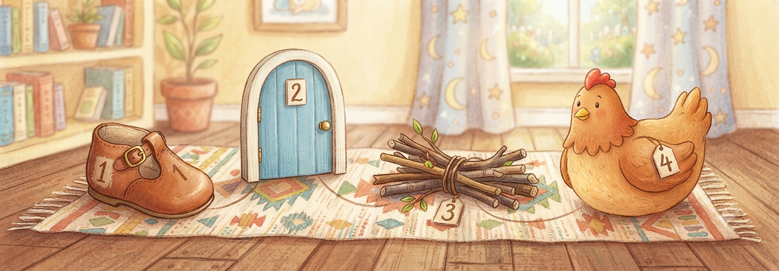 A cheerful child buckling their shoe, a little door nearby