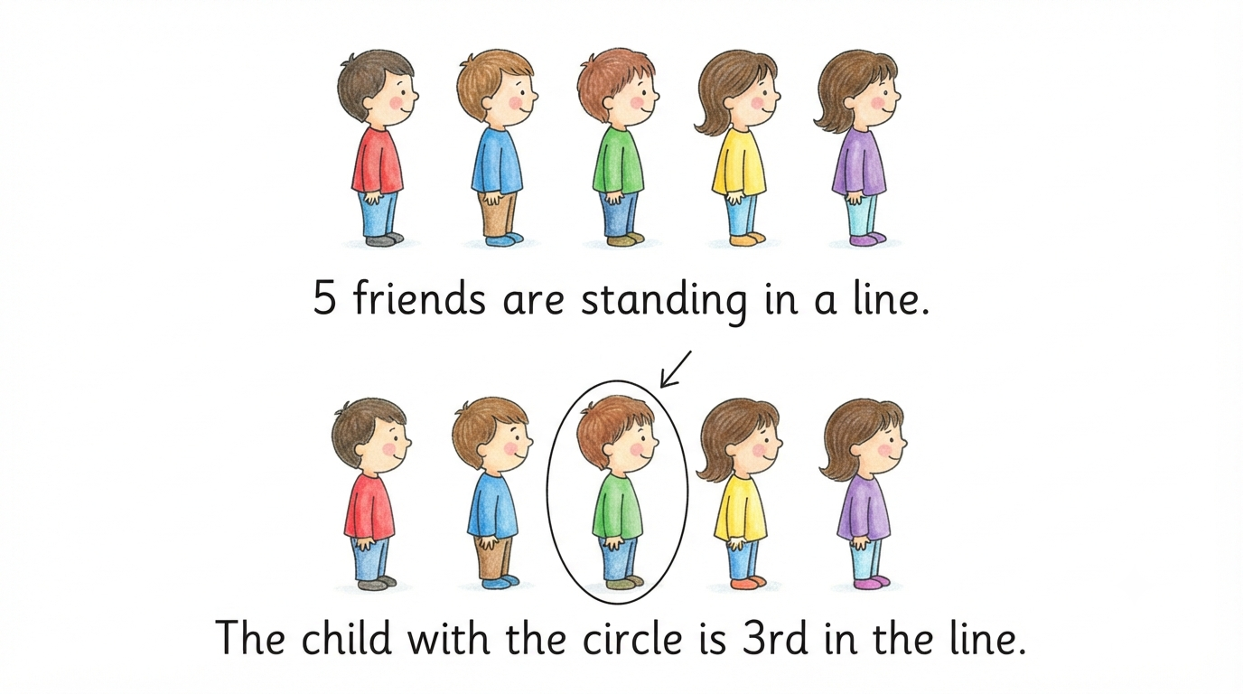 5 friends standing in a line with the 3rd child highlighted, showing ordinal position