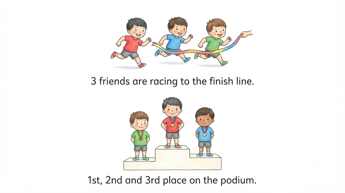 3 friends racing and standing on a winners podium showing 1st, 2nd and 3rd place