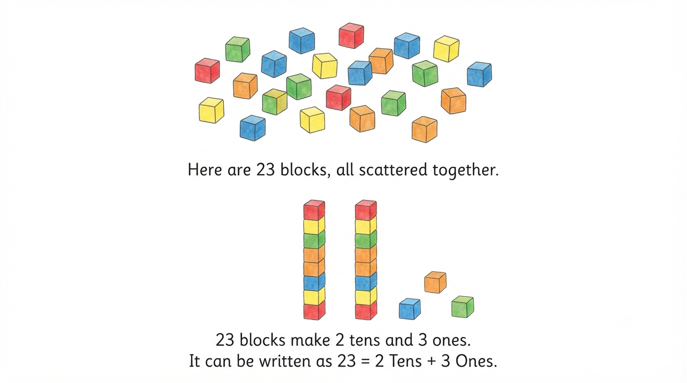 23 blocks organized into 2 towers of 10 and 3 single ones, showing 23 equals 2 tens plus 3 ones