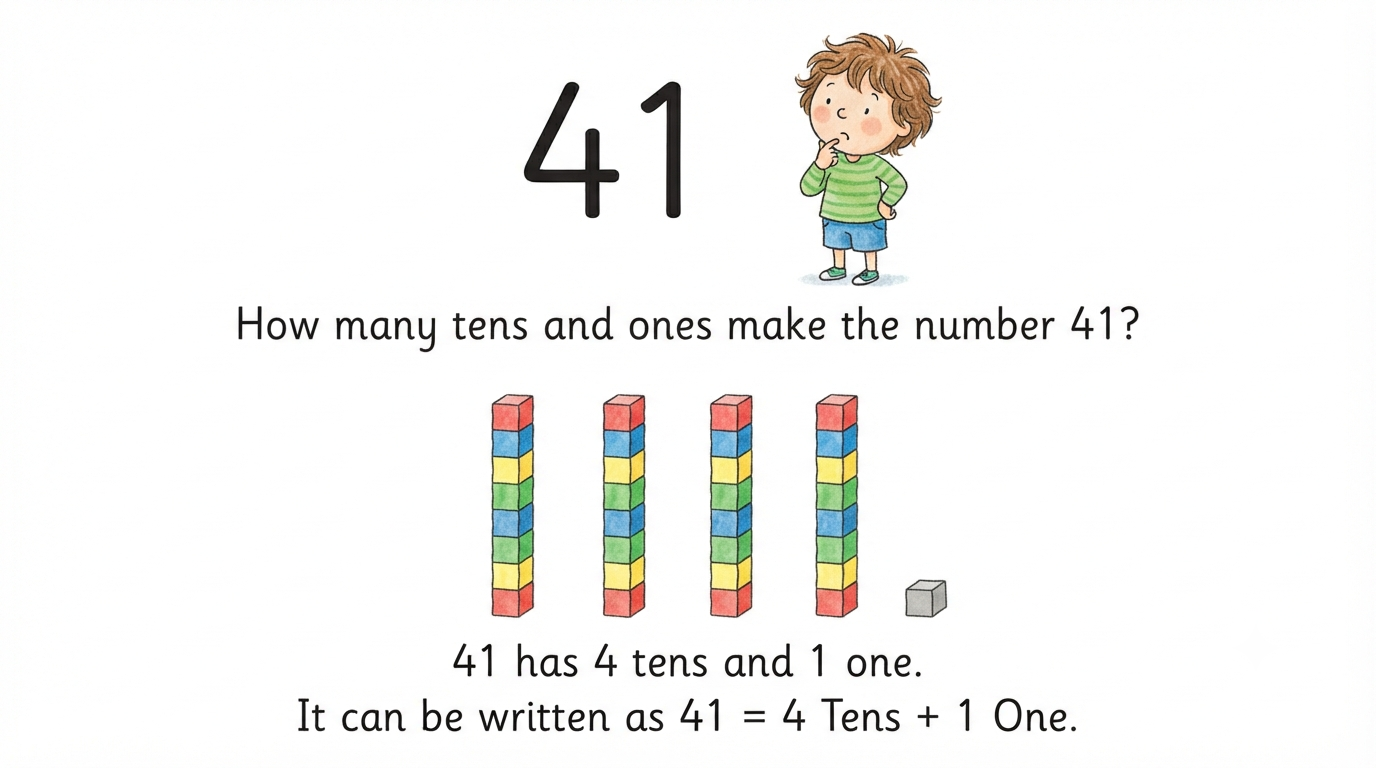 41 shown as 4 towers of 10 blocks and 1 single block, showing 41 equals 4 tens plus 1 one