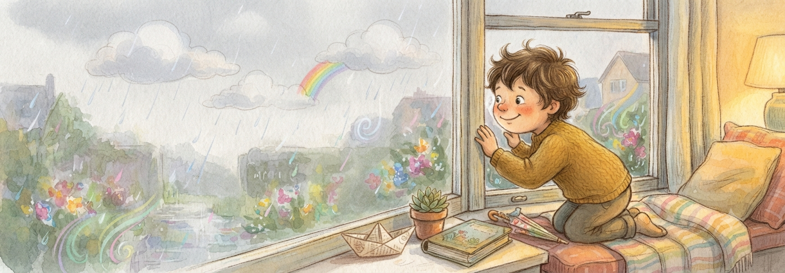 A happy child looking out of a window at gentle rain, wishing to play outside