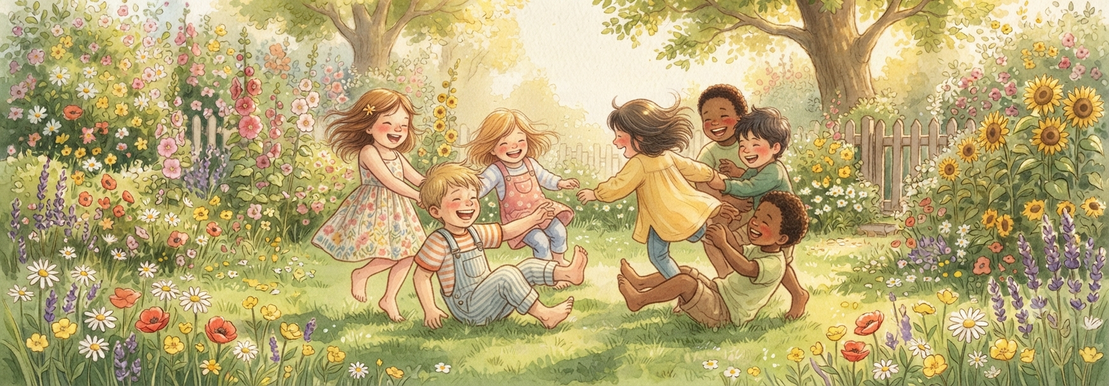 A happy group of children holding hands in a circle in a sunny garden