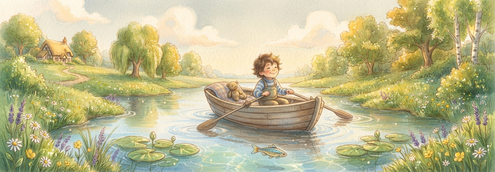 A small wooden boat gently floating down a calm, sunny stream