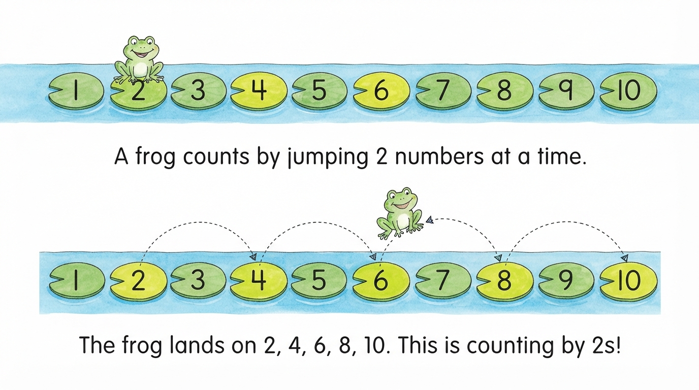 A frog jumping across numbered lily pads landing on 2, 4, 6, 8, 10, showing counting by 2s