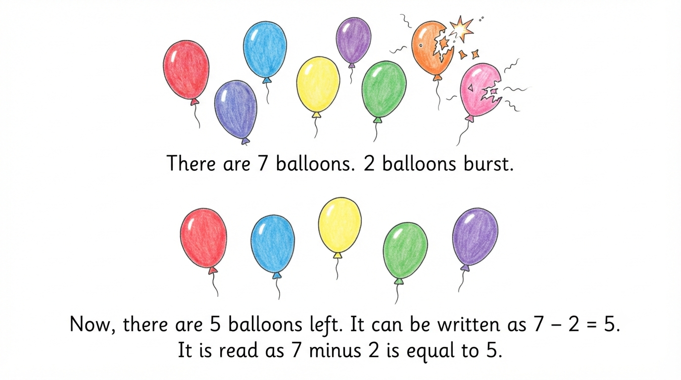 7 balloons with 2 bursting, showing 7 minus 2 equals 5