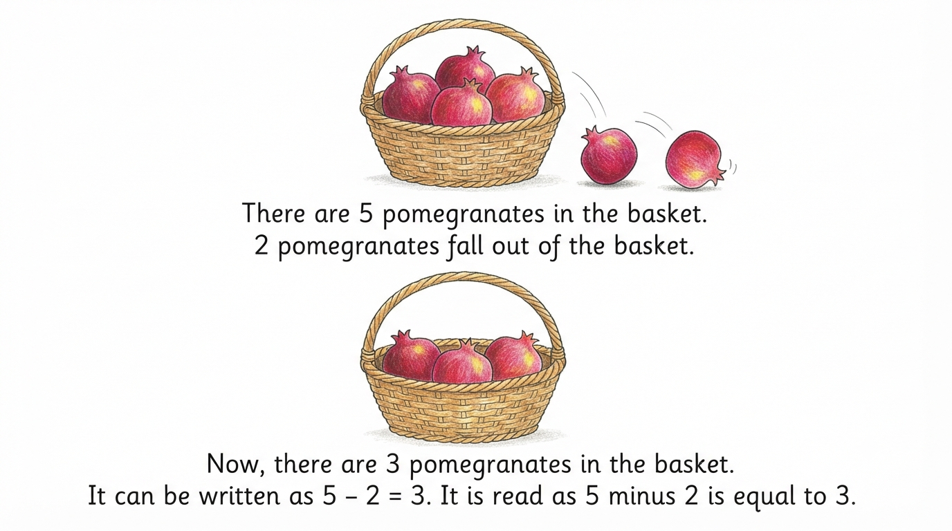 5 pomegranates in a basket, 2 falling out, showing 5 minus 2 equals 3