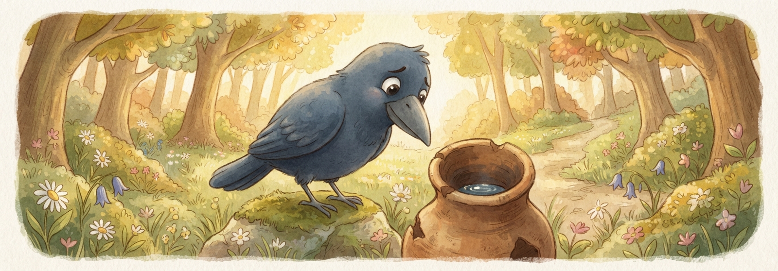 Crow looking at a pot with water at the bottom