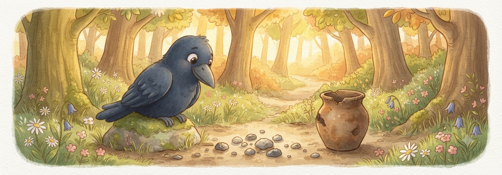 Crow thinking beside the pot, pebbles nearby