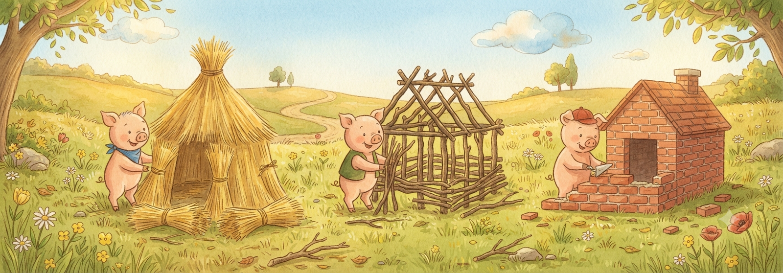 Three pigs building their houses of straw, sticks, and bricks