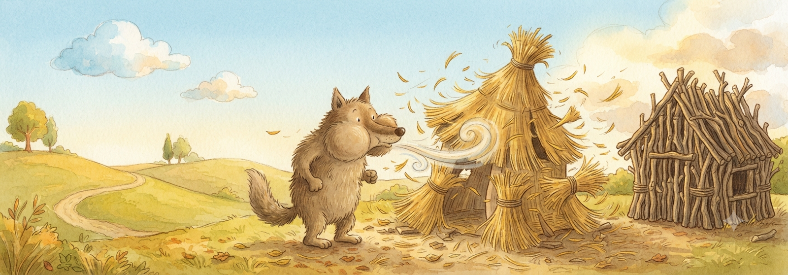 The wolf huffing and puffing at the straw and stick houses