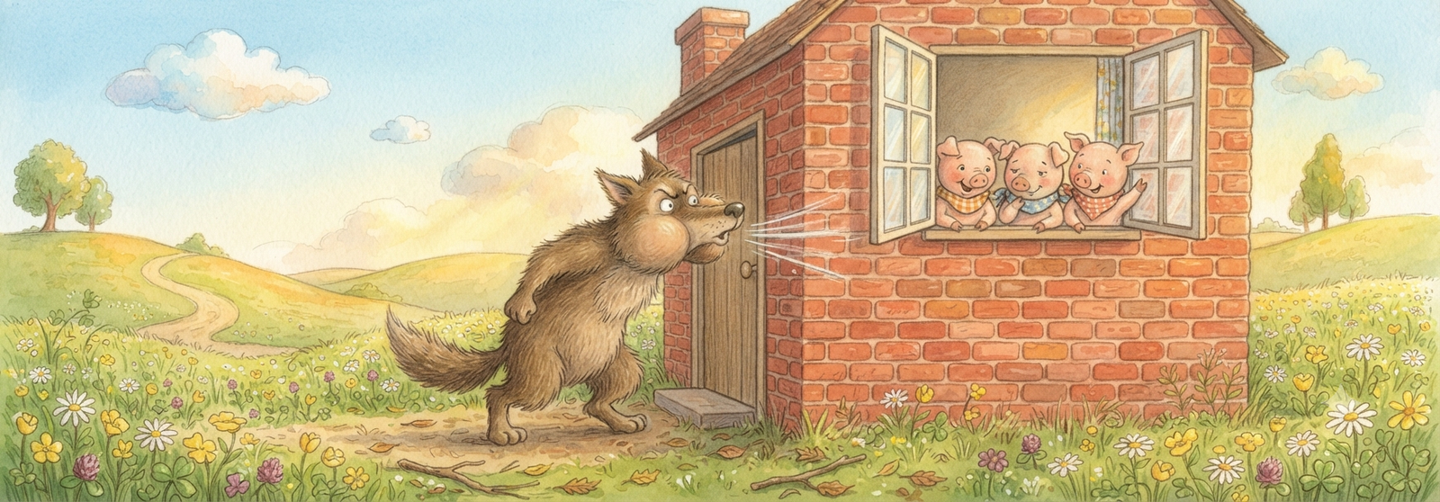 The wolf failing at the brick house while the pigs stay safe inside